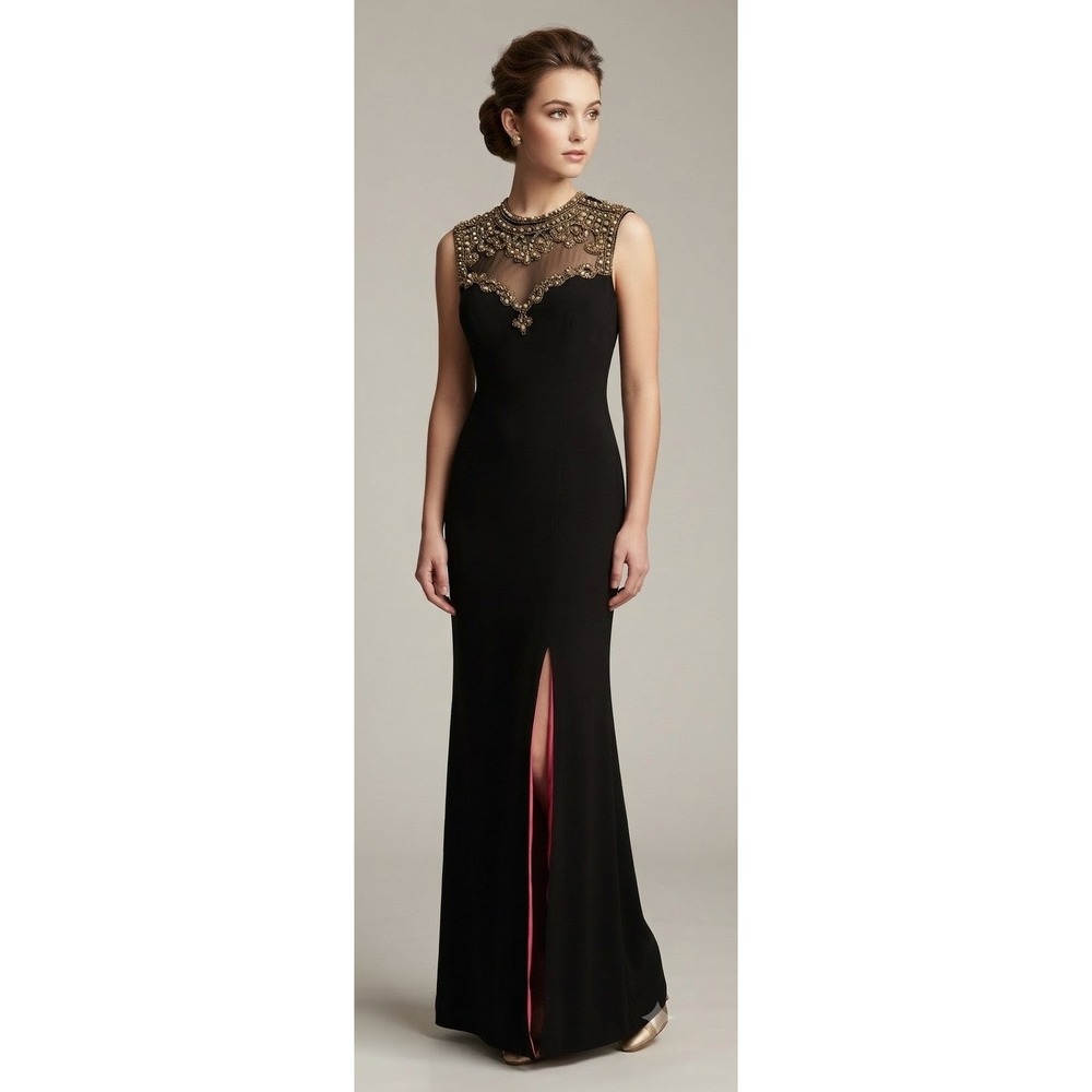90s Y2K Betsy & Adam Evening Gown 6 Black Beaded Illusion Neck Pink Lining Slit